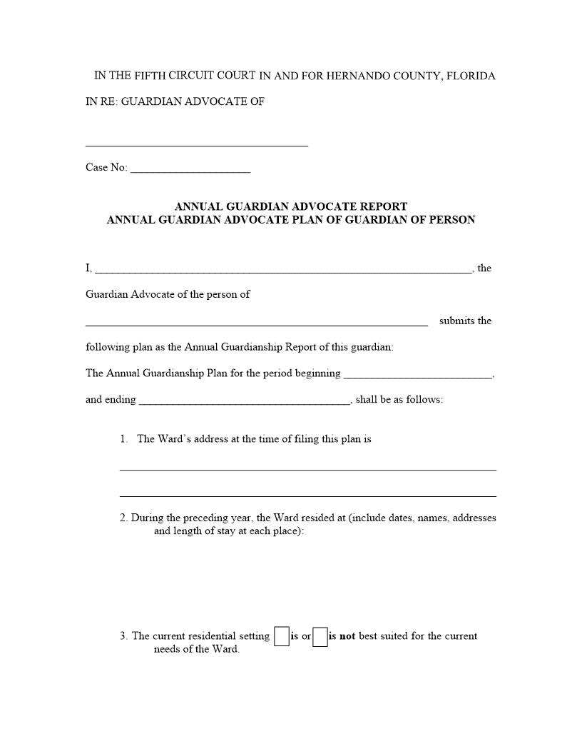 Annual Guardian Advocate Report Annual Plan Of Guardian Of Person | Pdf Fpdf Docx | Florida