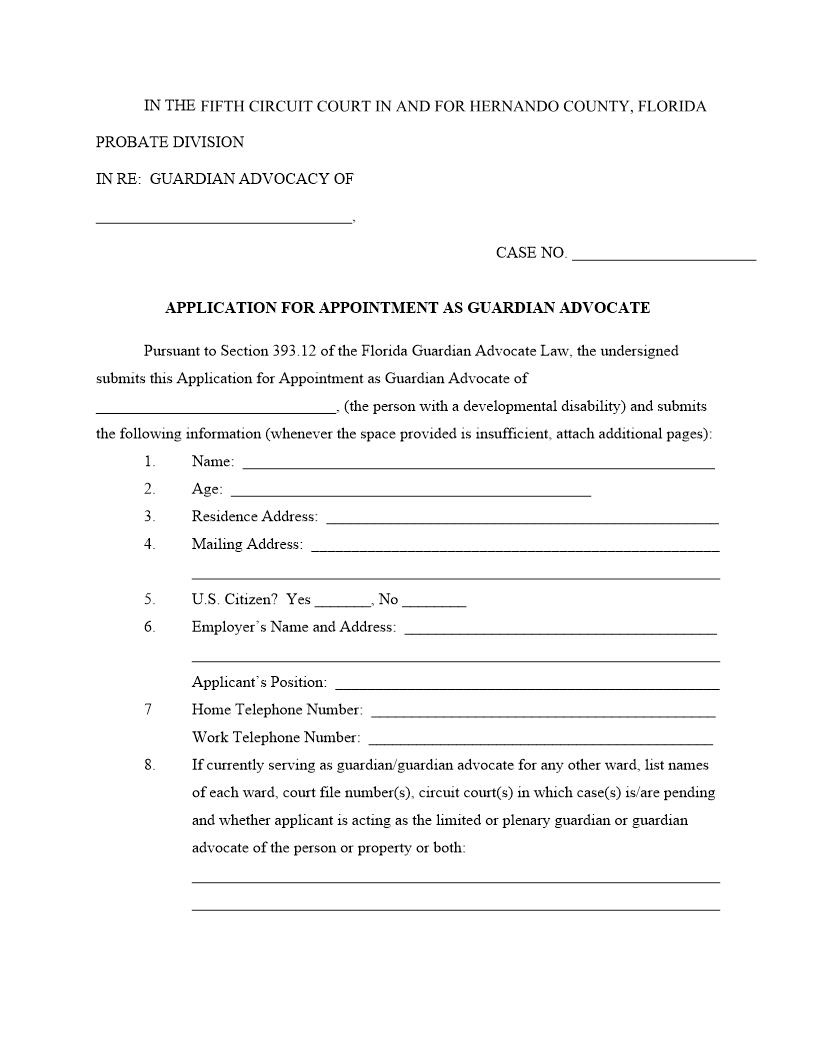 Application For Appointment As Guardian Advocate | Pdf Fpdf Docx | Florida