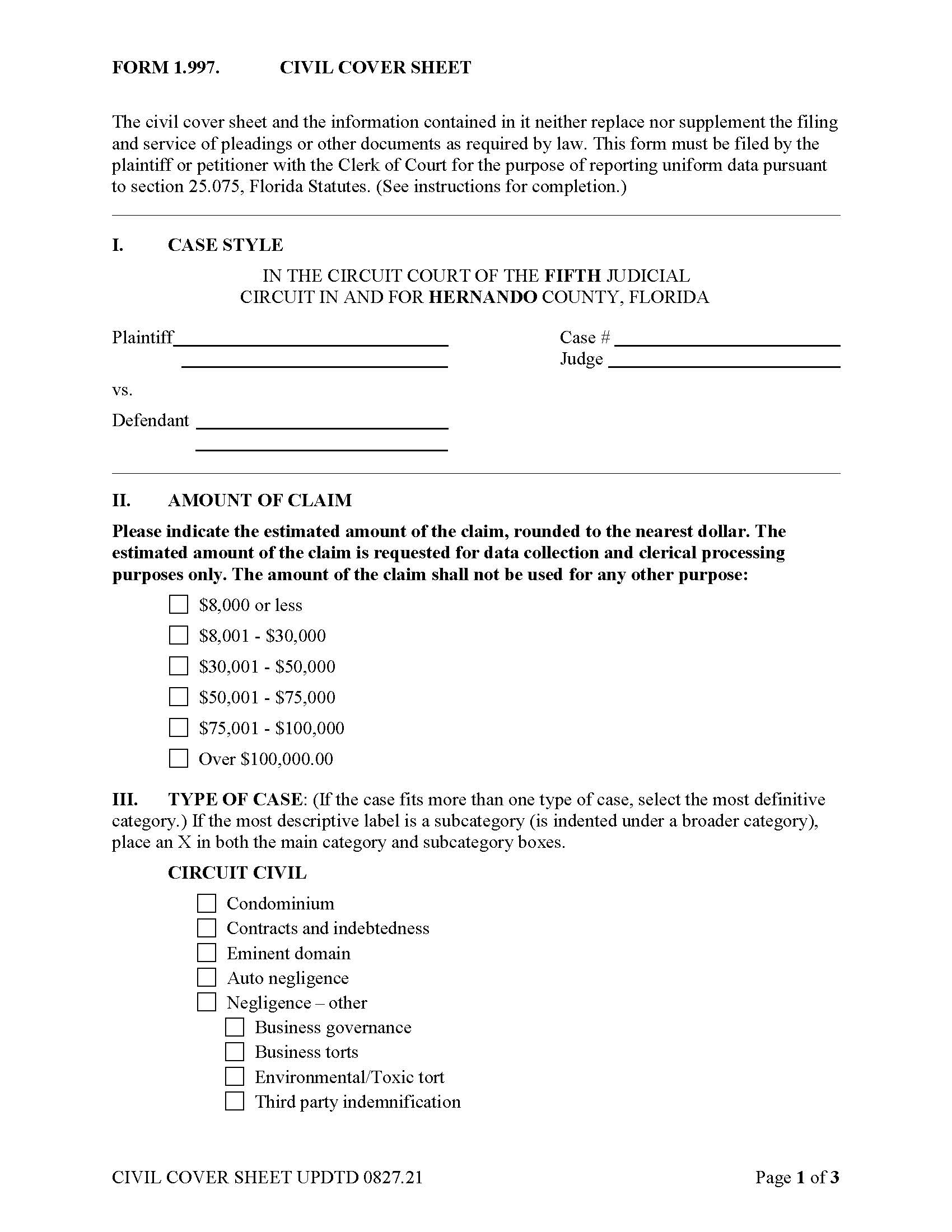 Civil Cover Sheet | Pdf Fpdf Docx | Florida