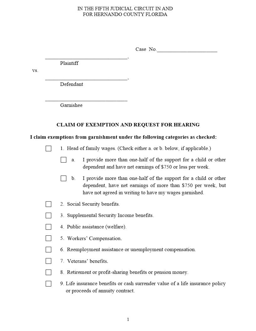Claim Of Exemption And Request For Hearing | Pdf Fpdf Docx | Florida