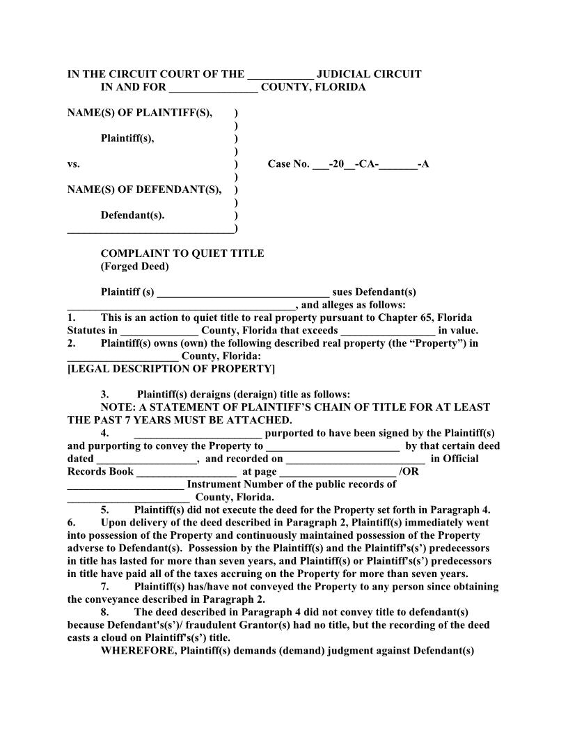 Complaint To Quiet Title (Forged Deed) {HER CQTFD} | Pdf Fpdf Docx | Florida