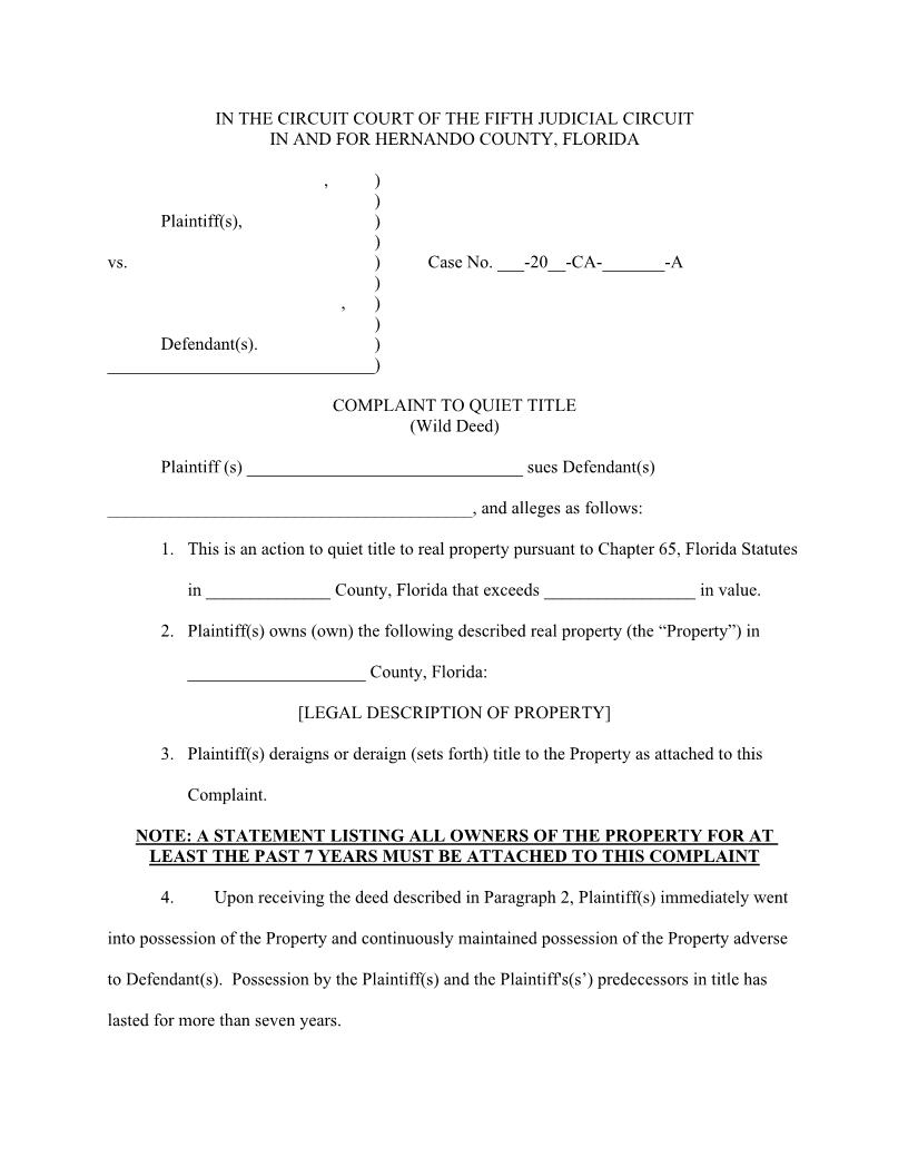 Complaint To Quiet Title (Wild Deed) {HER CQTWD} | Pdf Fpdf Docx | Florida