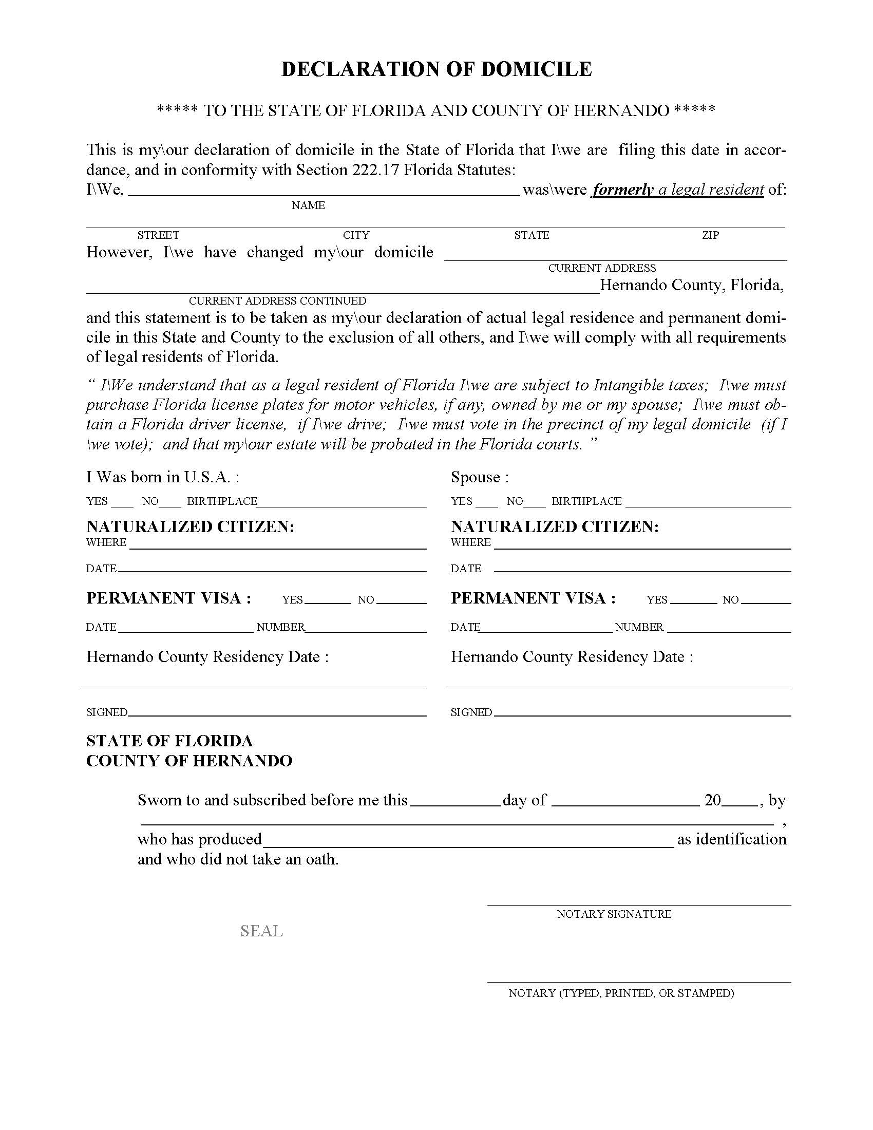 Declaration Of Domicile | Pdf Fpdf Doc Docx | Florida