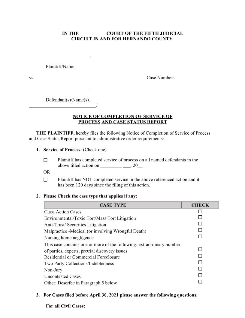 Notice Of Completion Of Service And Case Status Report (Hernando) | Pdf Fpdf Docx | Florida