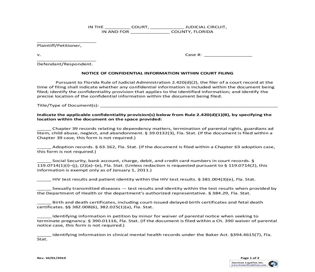 Notice Of Confidential Information Within Court Filing | Pdf Fpdf Doc Docx | Florida
