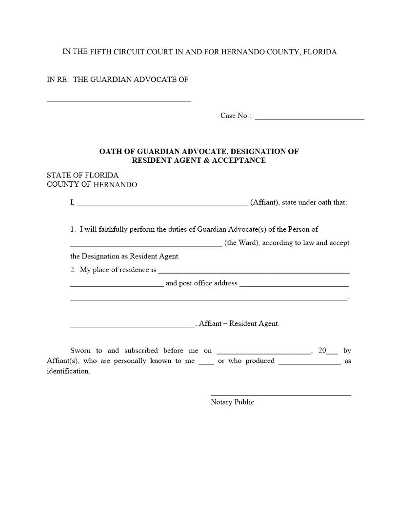 Oath Of Guardian Advocate Designation Of Resident Agent Acceptance | Pdf Fpdf Docx | Florida