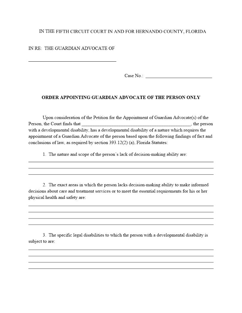 Order Appointing Guardian Advocate Of The Person Only | Pdf Fpdf Docx | Florida