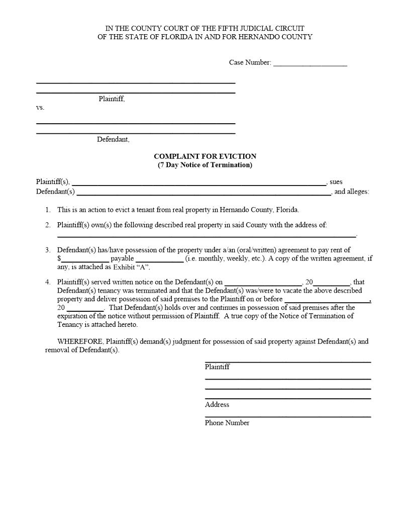 Complaint For Eviction (7 Day Notice Of Termination) | Pdf Fpdf Docx | Florida