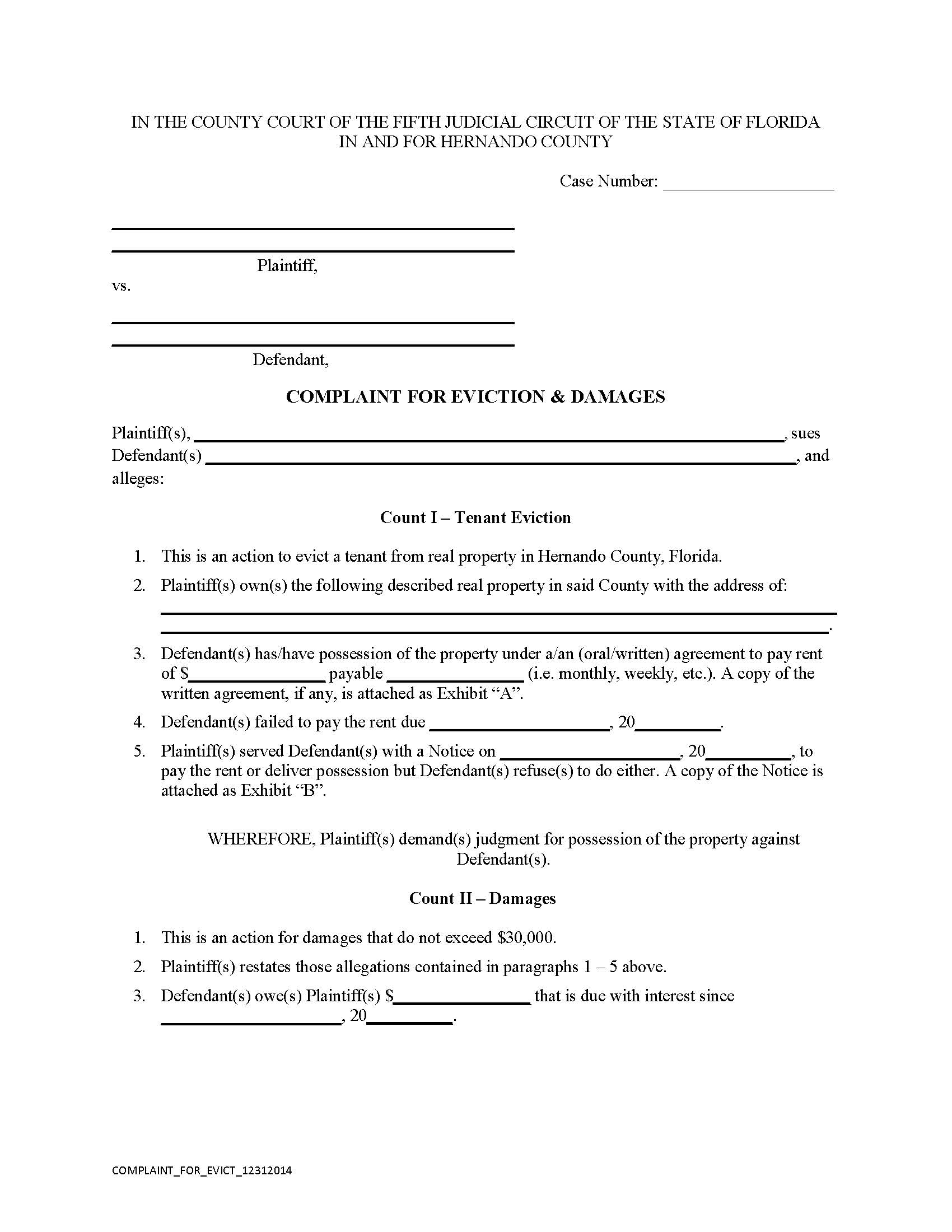 Complaint For Eviction And Damages | Pdf Fpdf Doc Docx | Florida