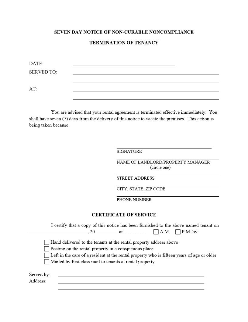 Seven Day Notice Of Non-Curable Noncompliance Termination Of Tenancy | Pdf Fpdf Docx | Florida