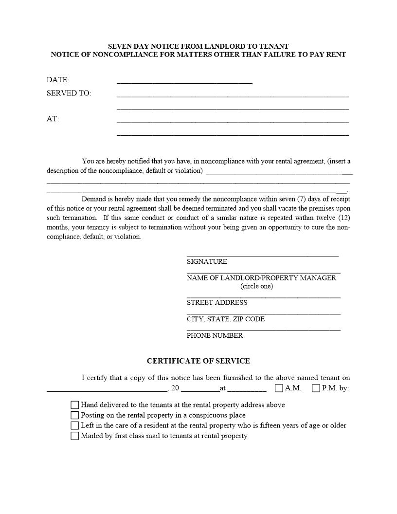Seven Day Notice Of Noncompliance Other Than Rent | Pdf Fpdf Docx | Florida