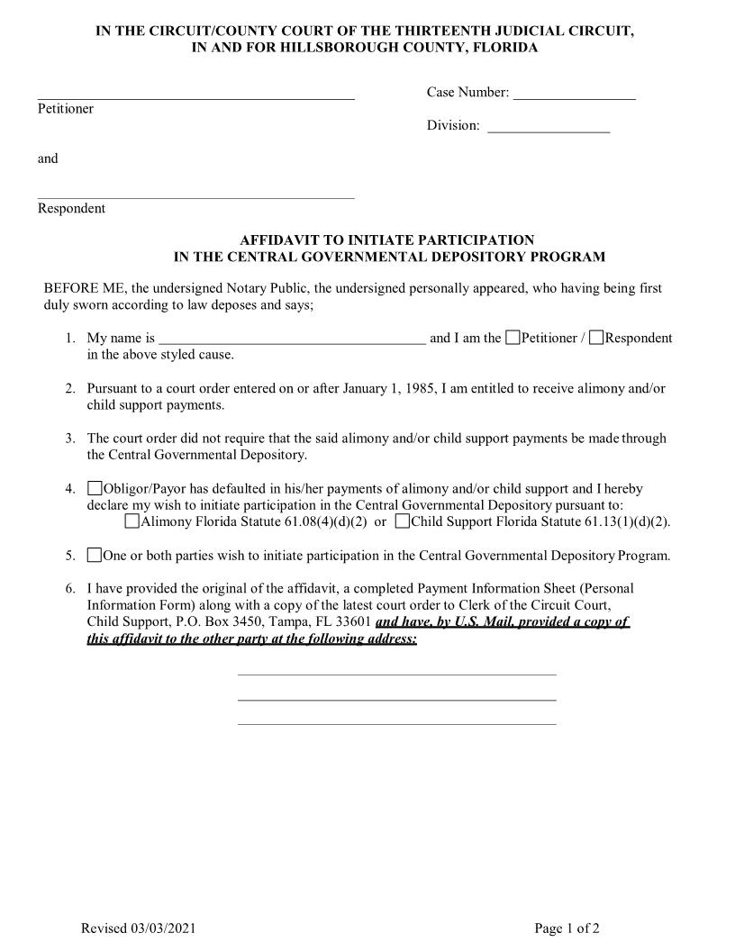 Affidavit to Participate in the Central Depository Program | Pdf Fpdf Docx | Florida