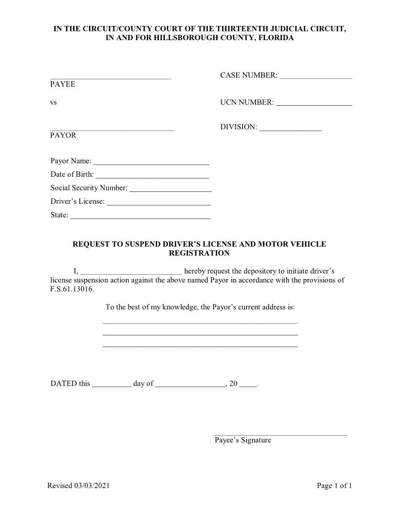 Request To Suspend Drivers License And Motor Vehicle Registration | Pdf Fpdf Doc Docx | Florida