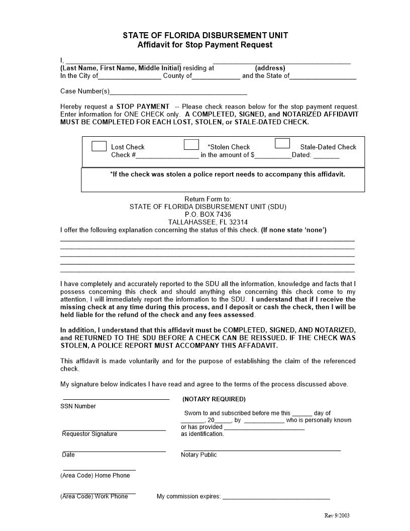 State Of Florida Disbursement Unit Affidavit for Stop Payment Request | Pdf Fpdf Docx | Florida