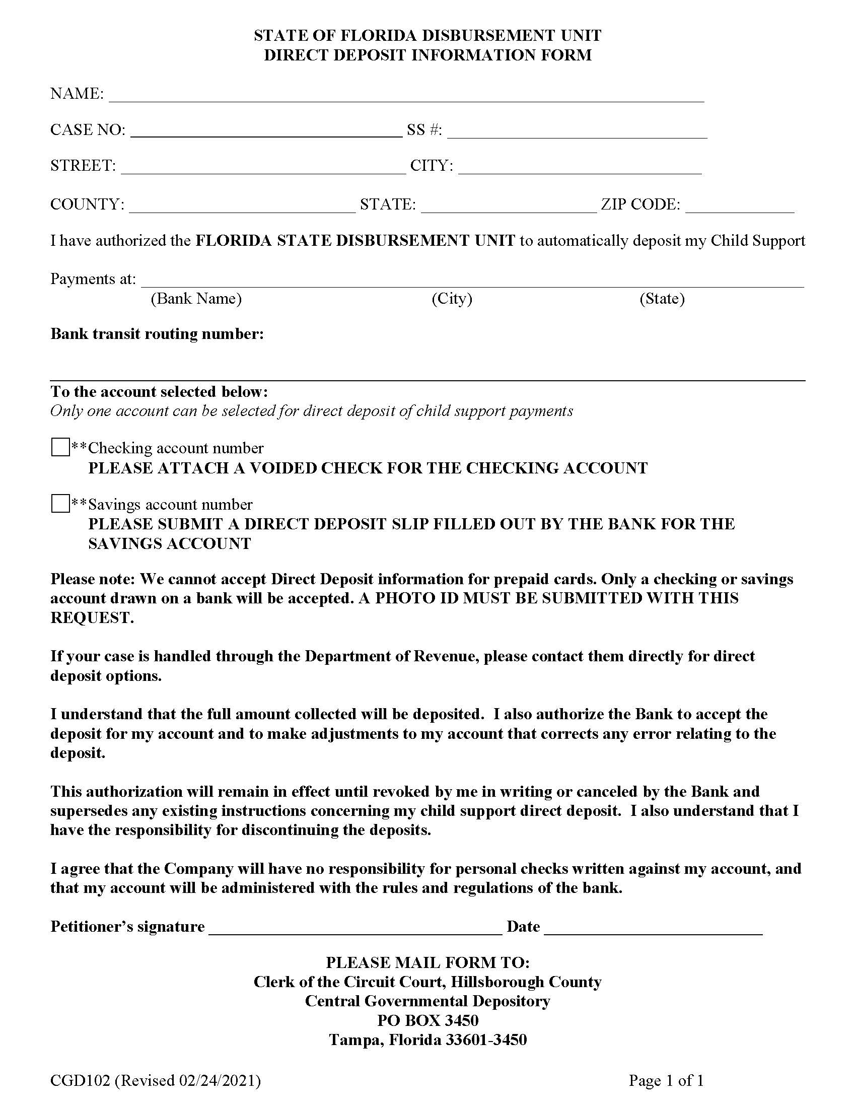 State Of Florida Disbursement Unit Direct Deposit Information Form {CGD102} | Pdf Fpdf Docx | Florida