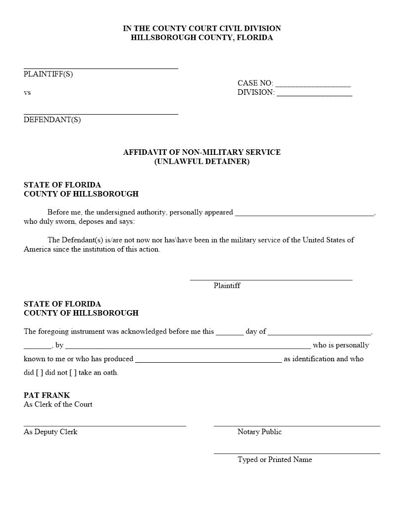Affidavit Of Non-Military Service (Unlawful Detainer) | Pdf Fpdf Docx | Florida