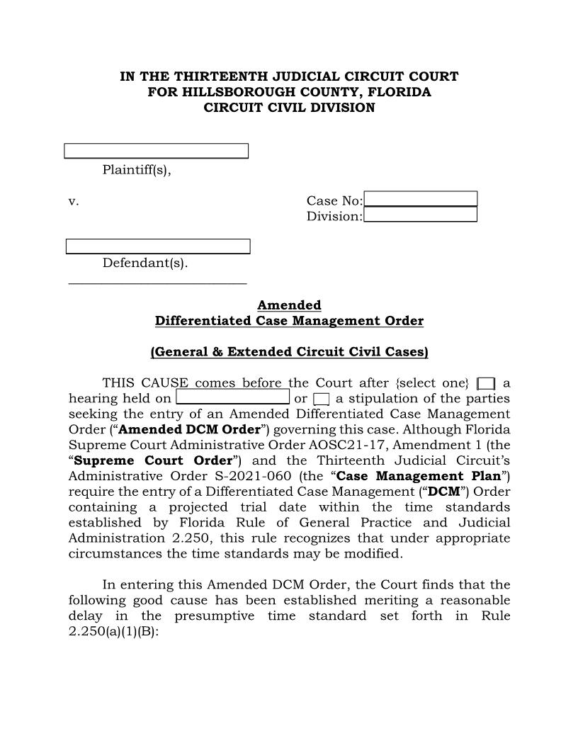 Amended Differentiated Case Management Order (General And Extended Circuit Civil) | Pdf Fpdf Docx | Florida