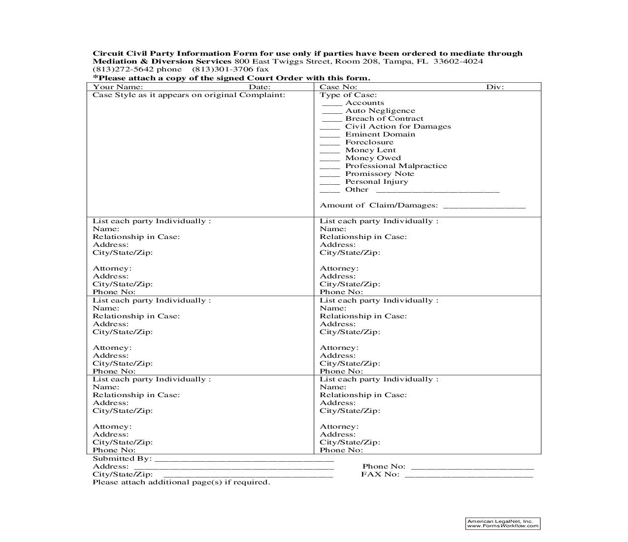 Circuit Civil Mediation Party Information Form | Pdf Fpdf Doc Docx | Florida