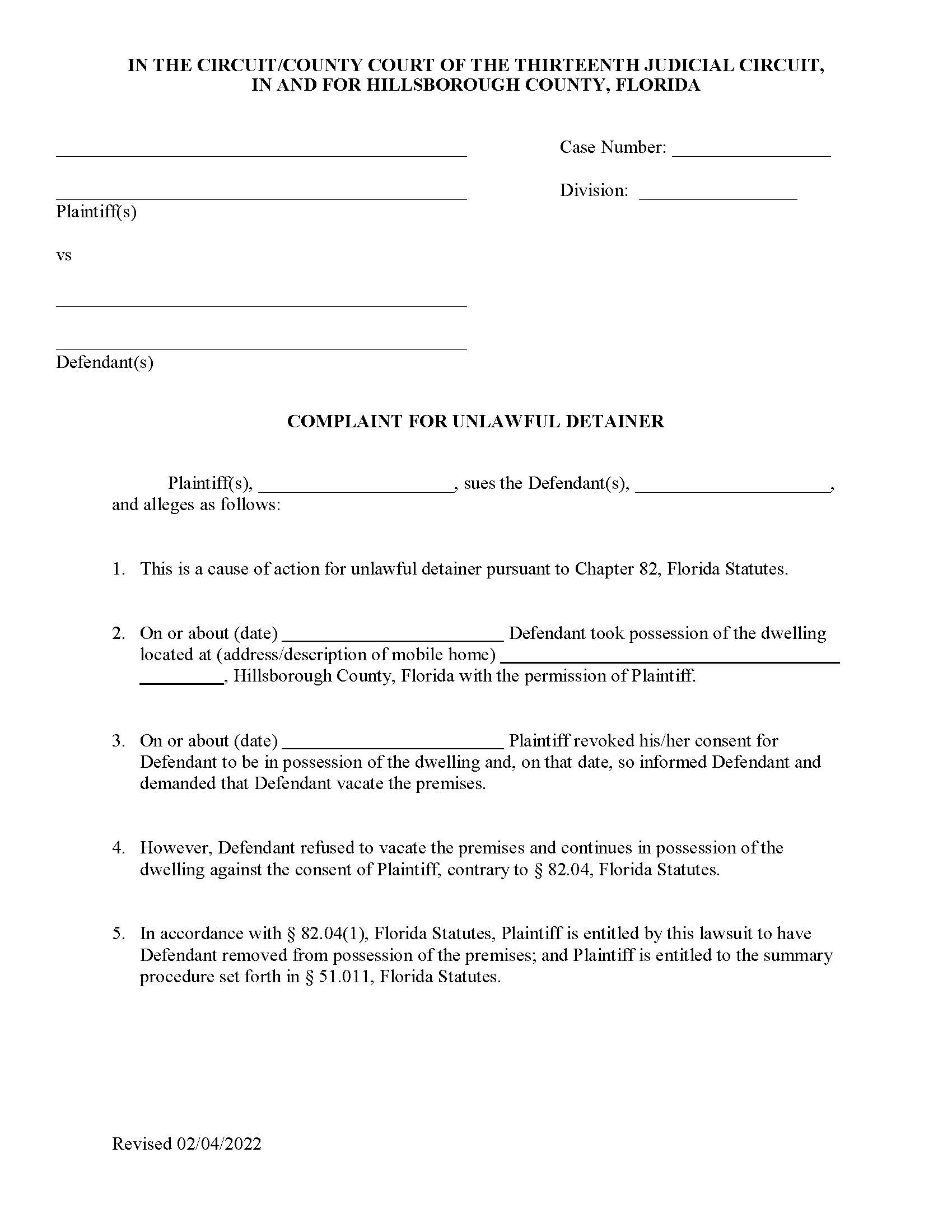 Complaint For Unlawful Detainer (Not Eviction) | Pdf Fpdf Docx | Florida