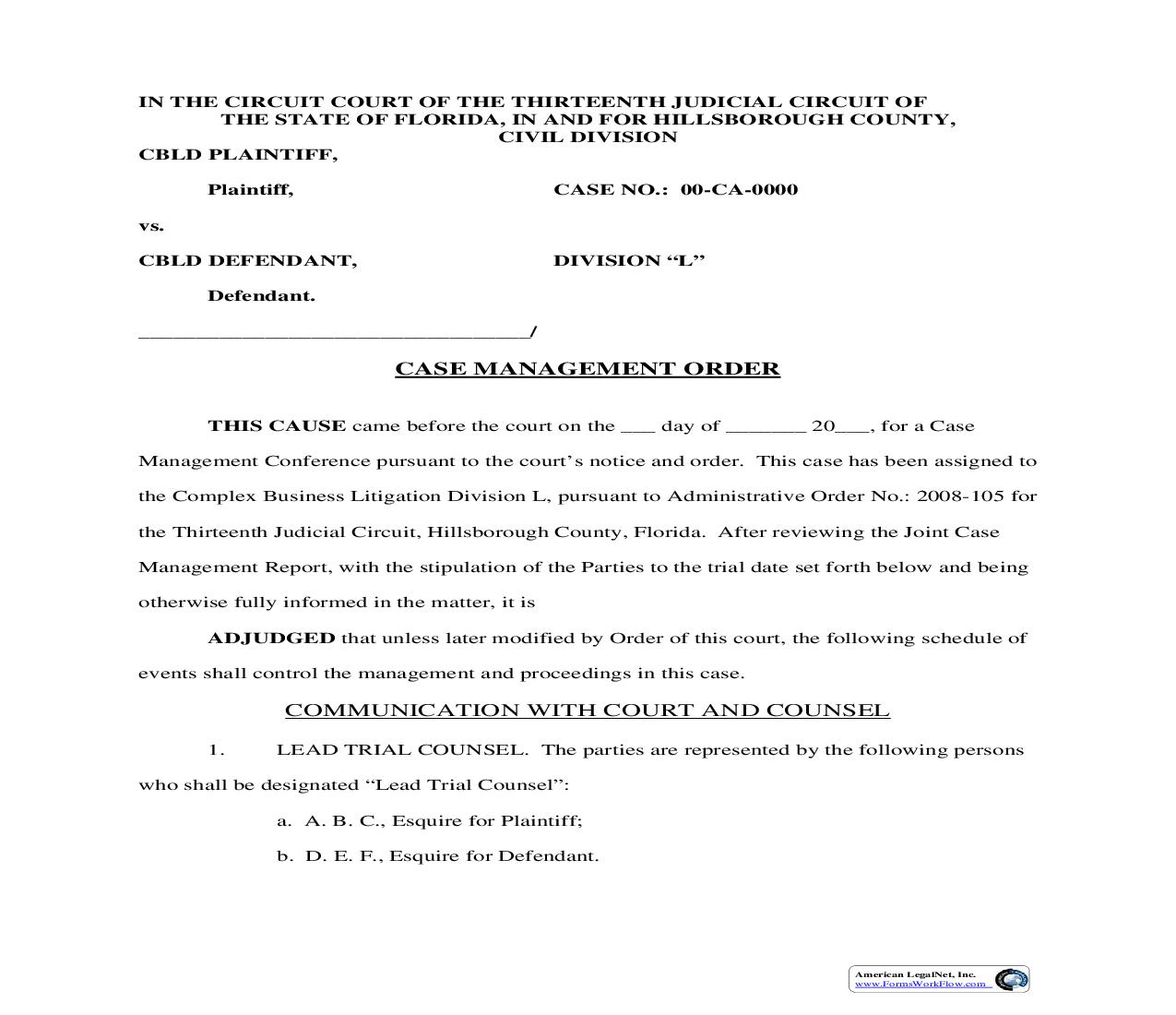 Complex Business Litigation Case Management Order (Sample And Form) | Pdf Fpdf Doc Docx | Florida