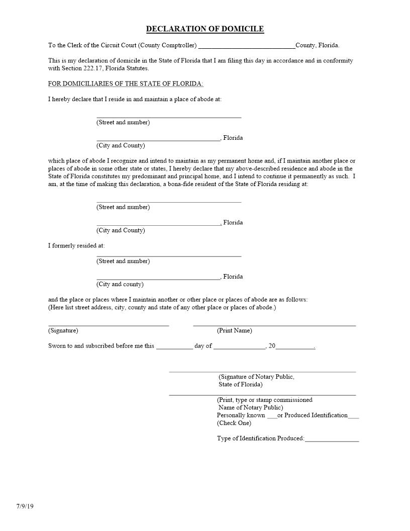 Declaration Of Domicile | Pdf Fpdf Docx | Florida