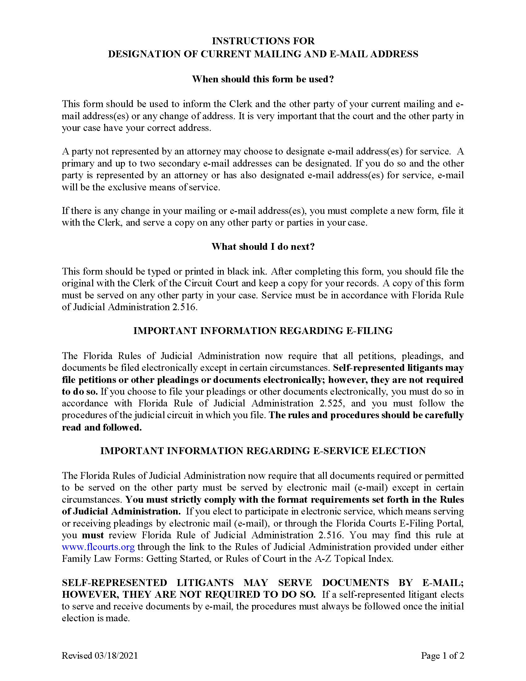 Designation Of Current Mailing And E-Mail Address (Contact Information) | Pdf Fpdf Docx | Florida