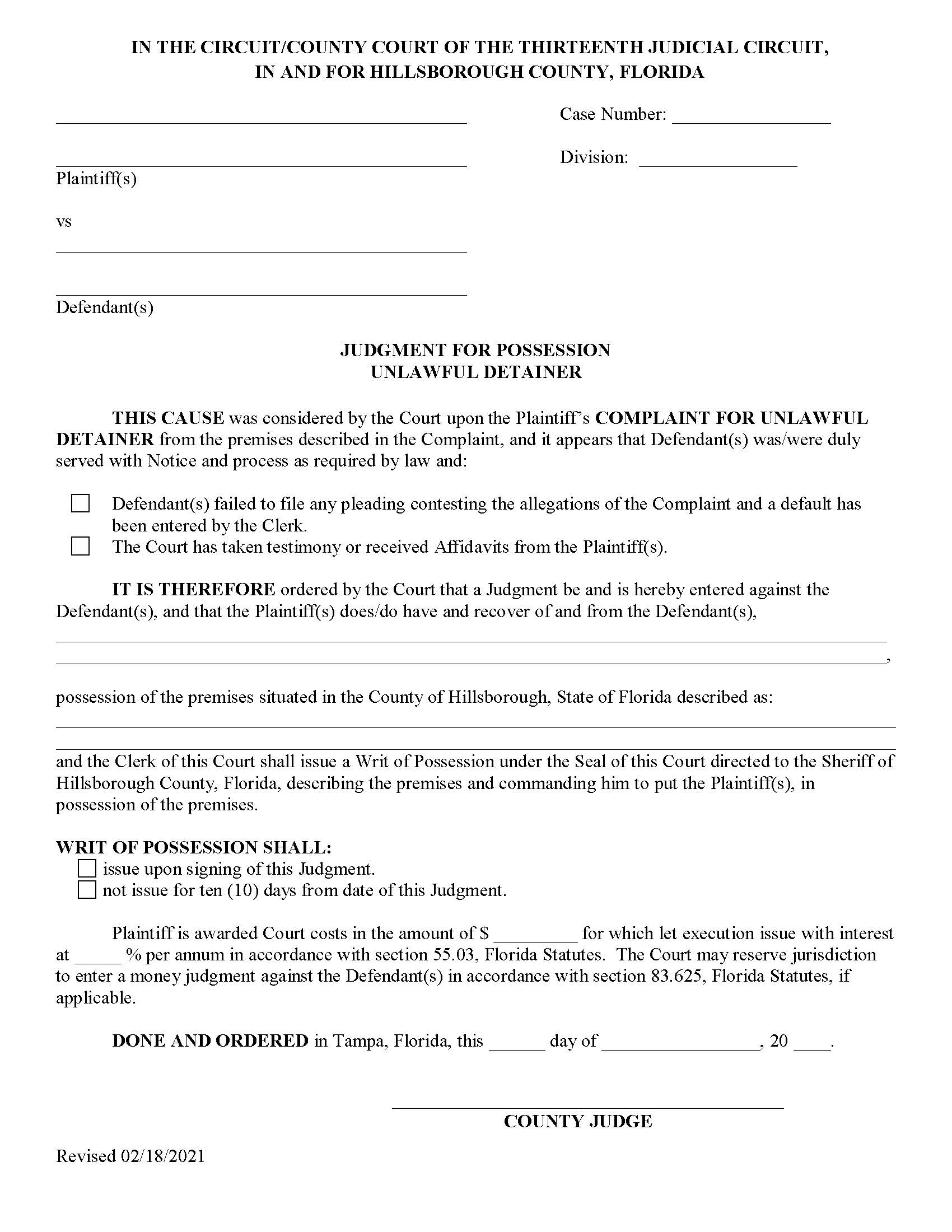 Judgment Of Possession Unlawful Detainer (Not Eviction) | Pdf Fpdf Docx | Florida