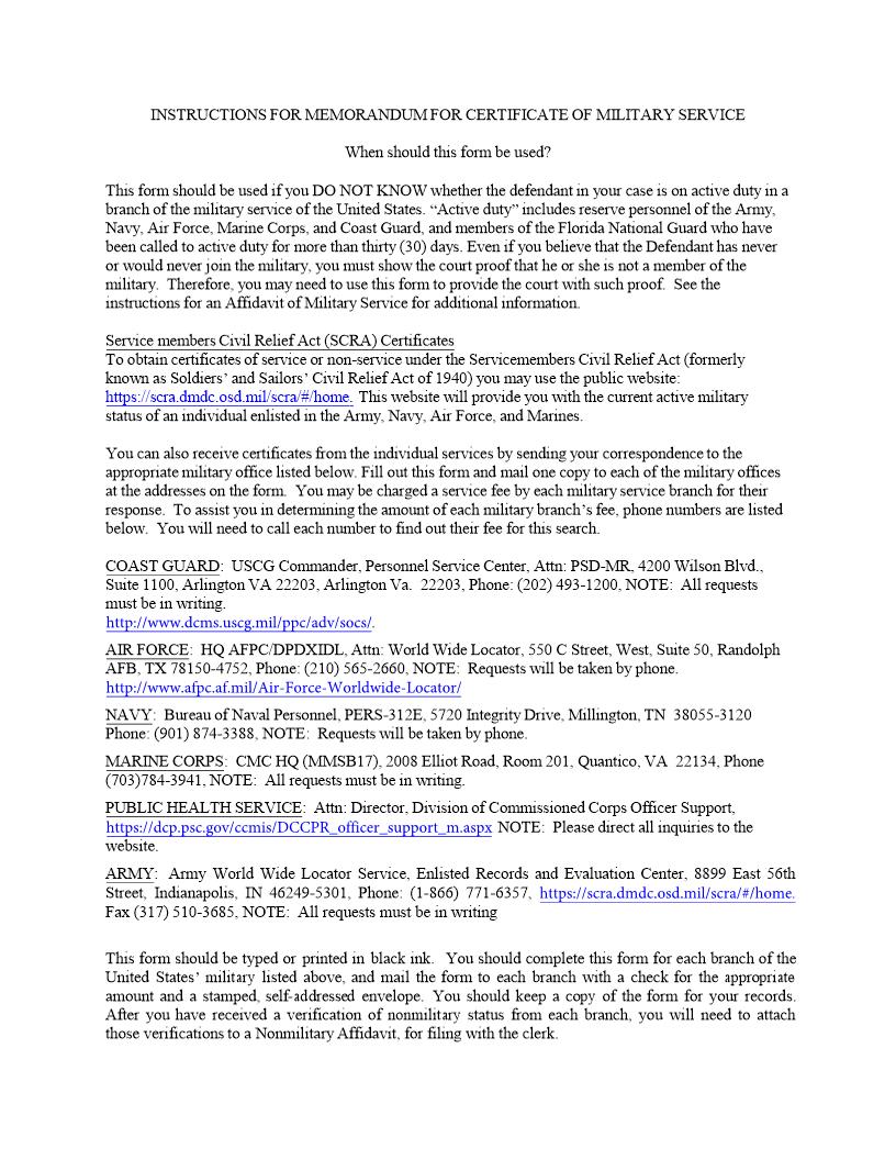 Memorandum For Certificate Of Military Service | Pdf Fpdf Docx | Florida