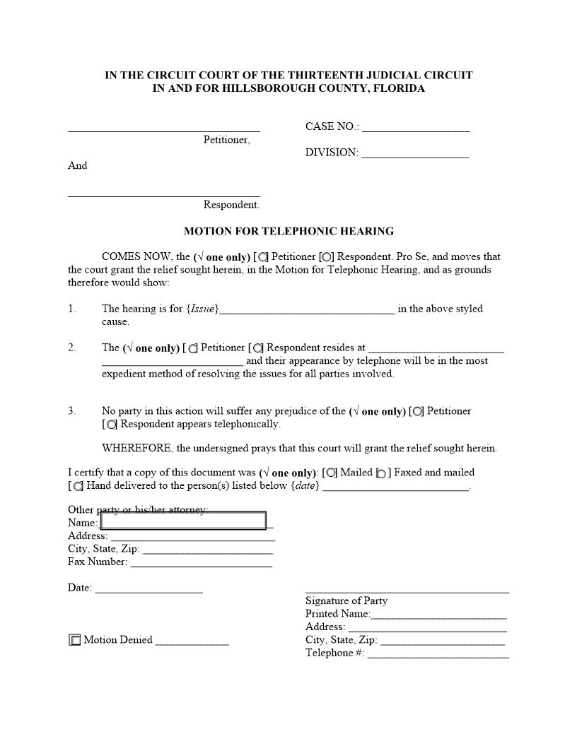 Motion For-Order Allowing Telephonic Hearing | Pdf Fpdf Docx | Florida