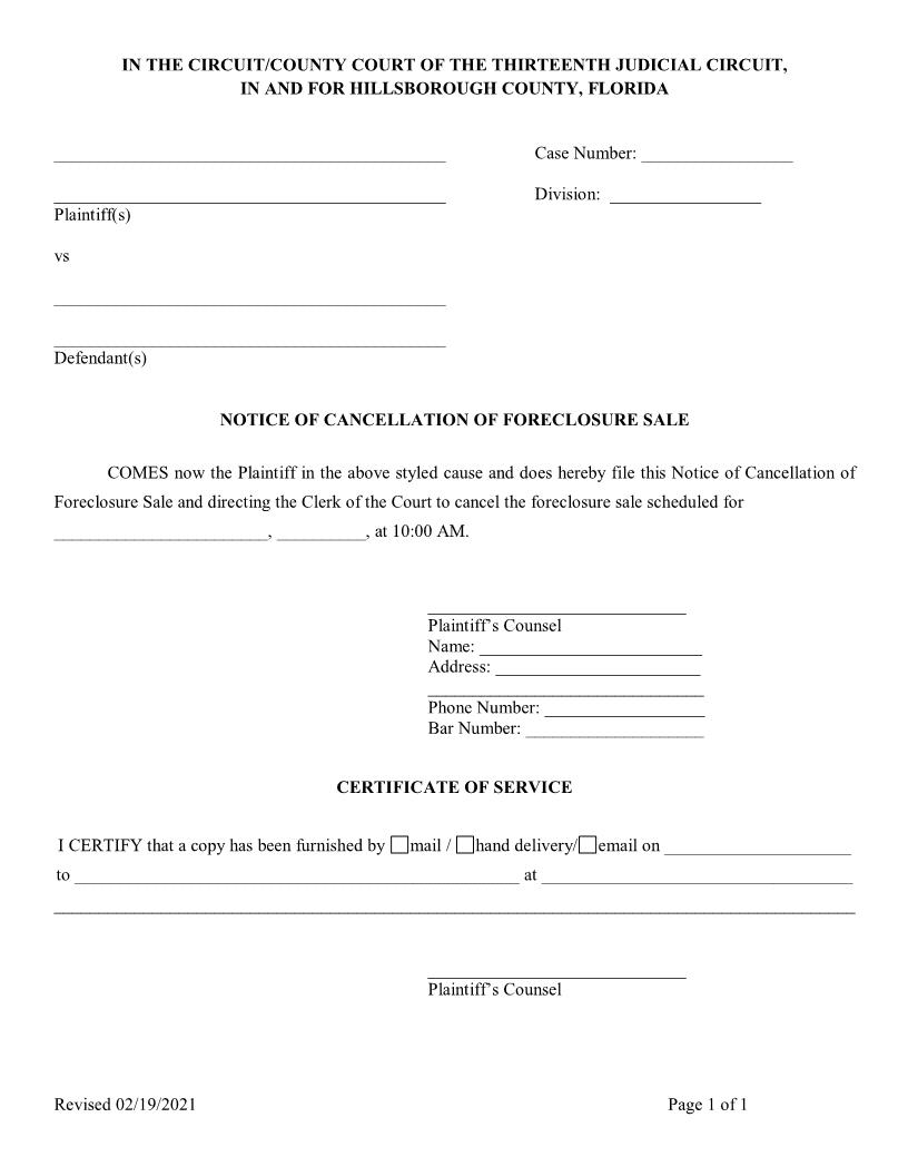 Notice Of Cancellation Of Foreclosure Sale | Pdf Fpdf Docx | Florida