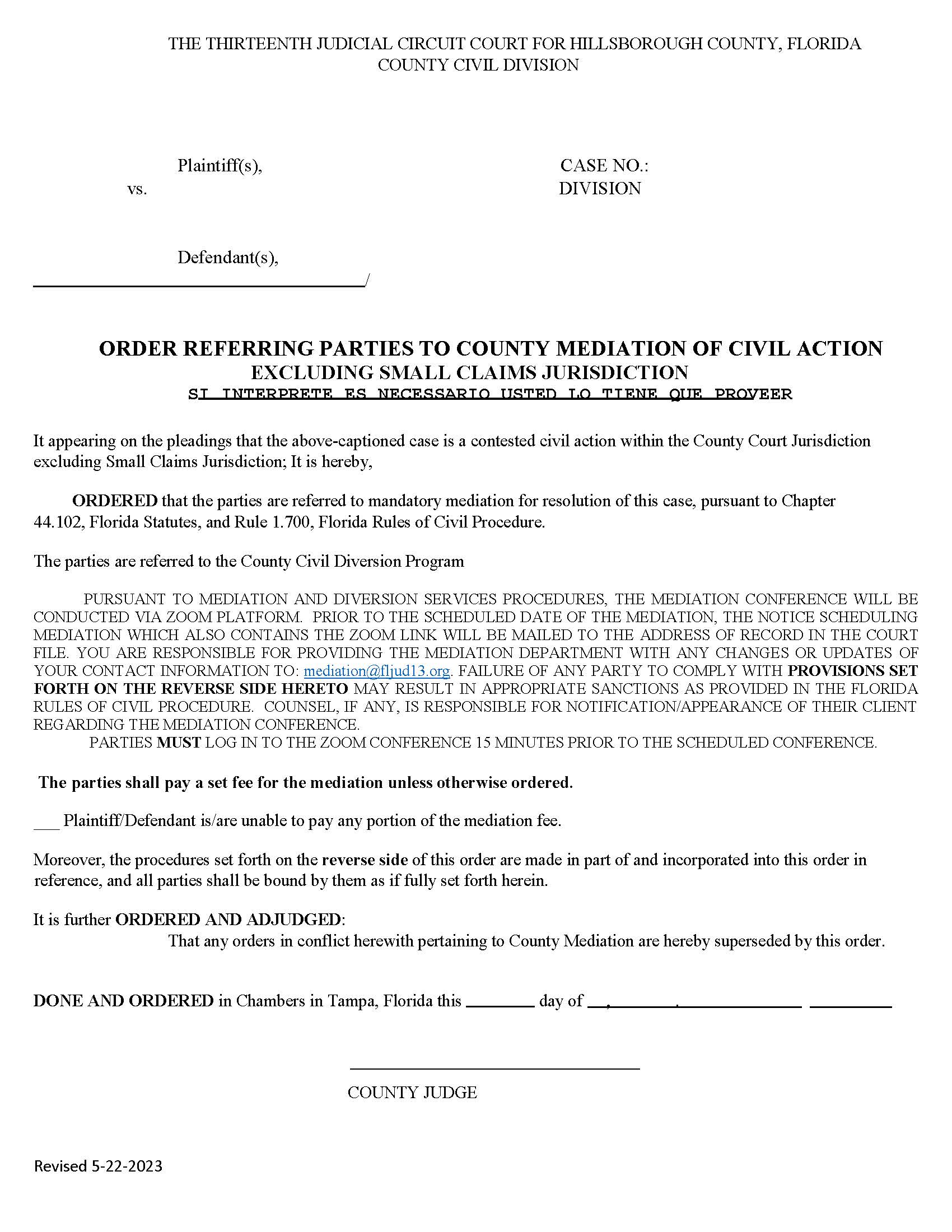 Order Referring Parties To County Mediation Civil Excluding Small Claims | Pdf Fpdf Docx | Florida