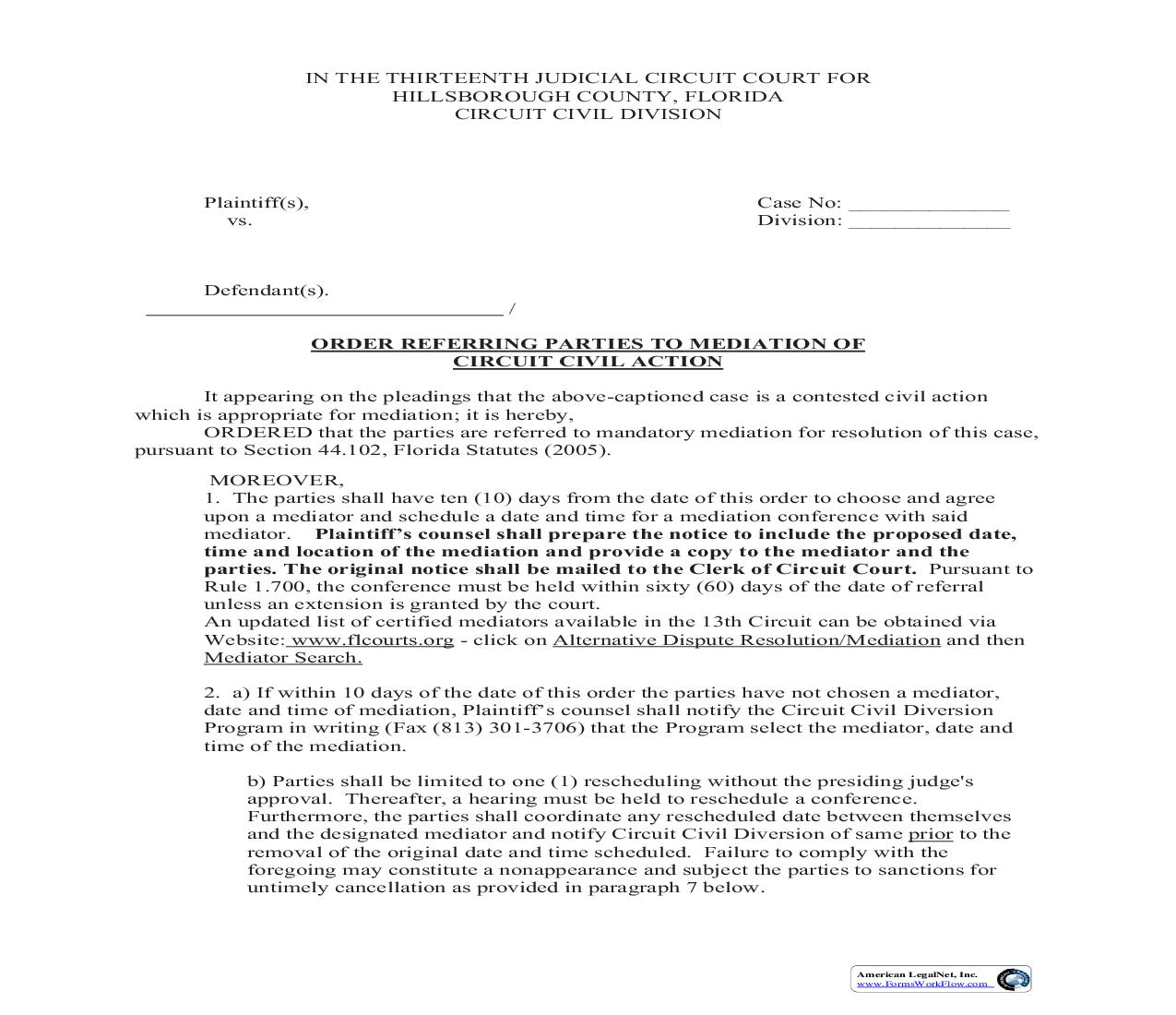 Order Referring Parties To Mediation Of Circuit Court Civil Action | Pdf Fpdf Doc Docx | Florida