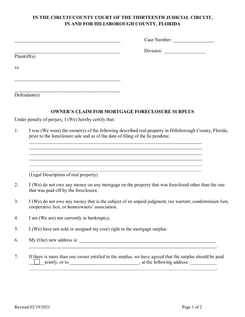 Owners Claim For Mortgage Foreclosure Surplus | Pdf Fpdf Docx | Florida