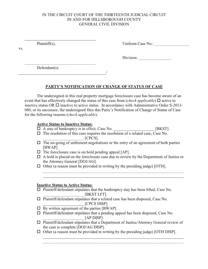 Partys Notification Of Case Status (Foreclosure) | Pdf Fpdf Docx | Florida