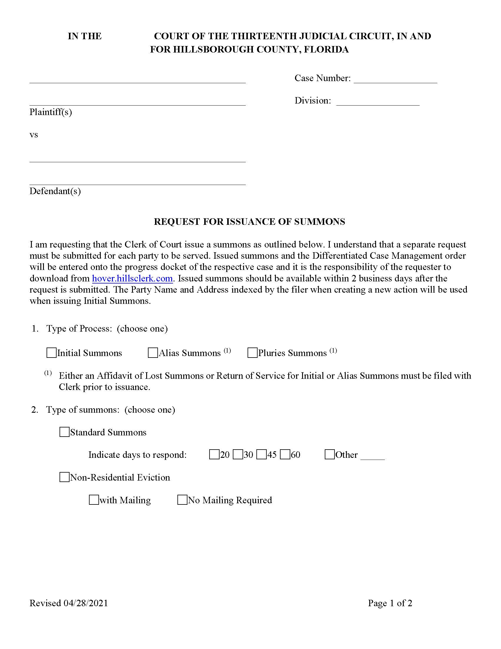 Request For Issuance Of Summons | Pdf Fpdf Docx | Florida