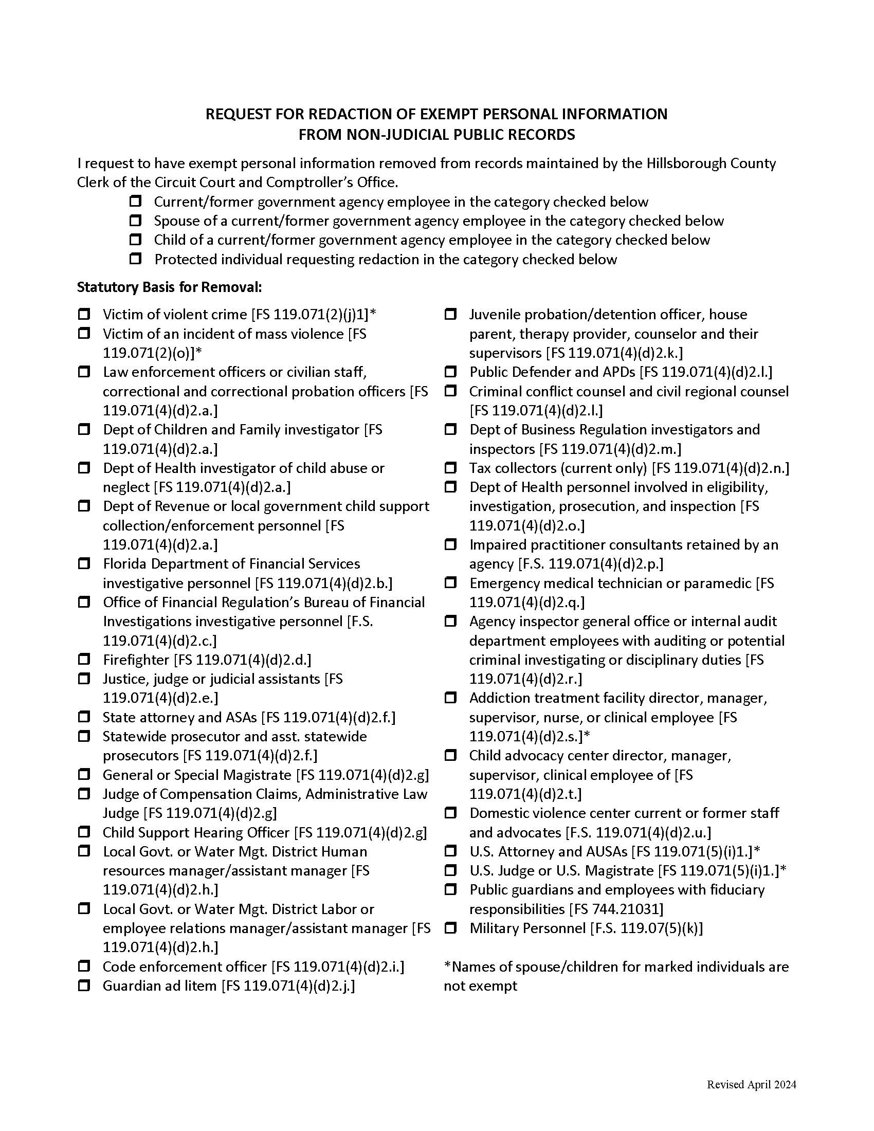 Request For Redaction Personal Information From Non-Judicial Public Records | Pdf Fpdf Docx | Florida