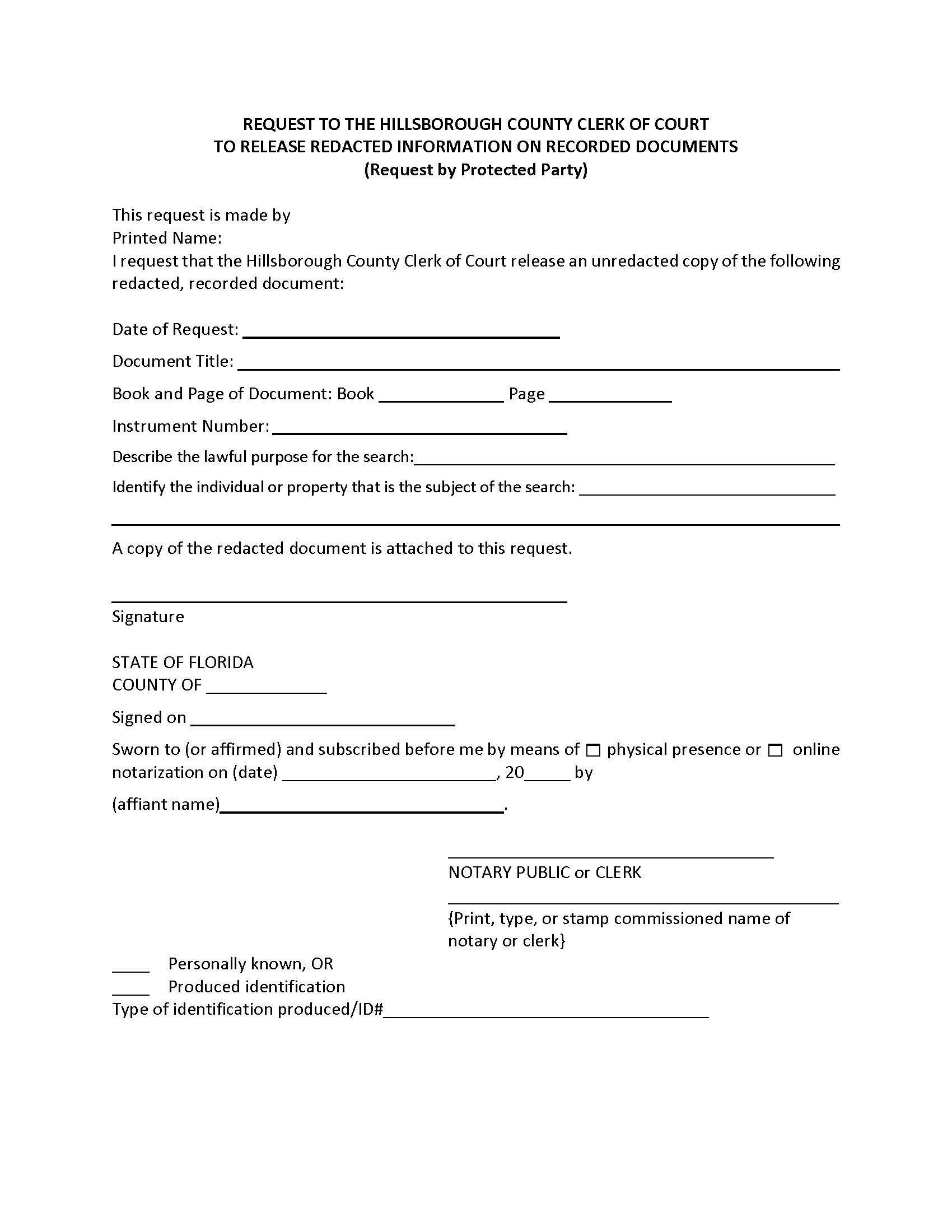 Request To Release Redacted Information On Recorded Documents | Pdf Fpdf Docx | Florida