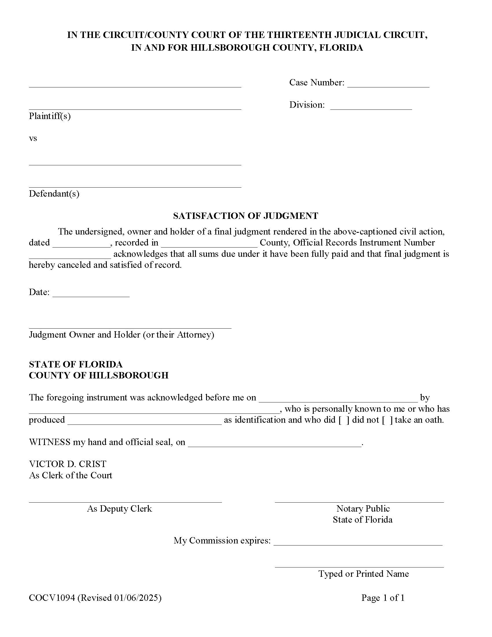 Satisfaction Of Judgment {COCV1094} | Pdf Fpdf Doc Docx | Florida