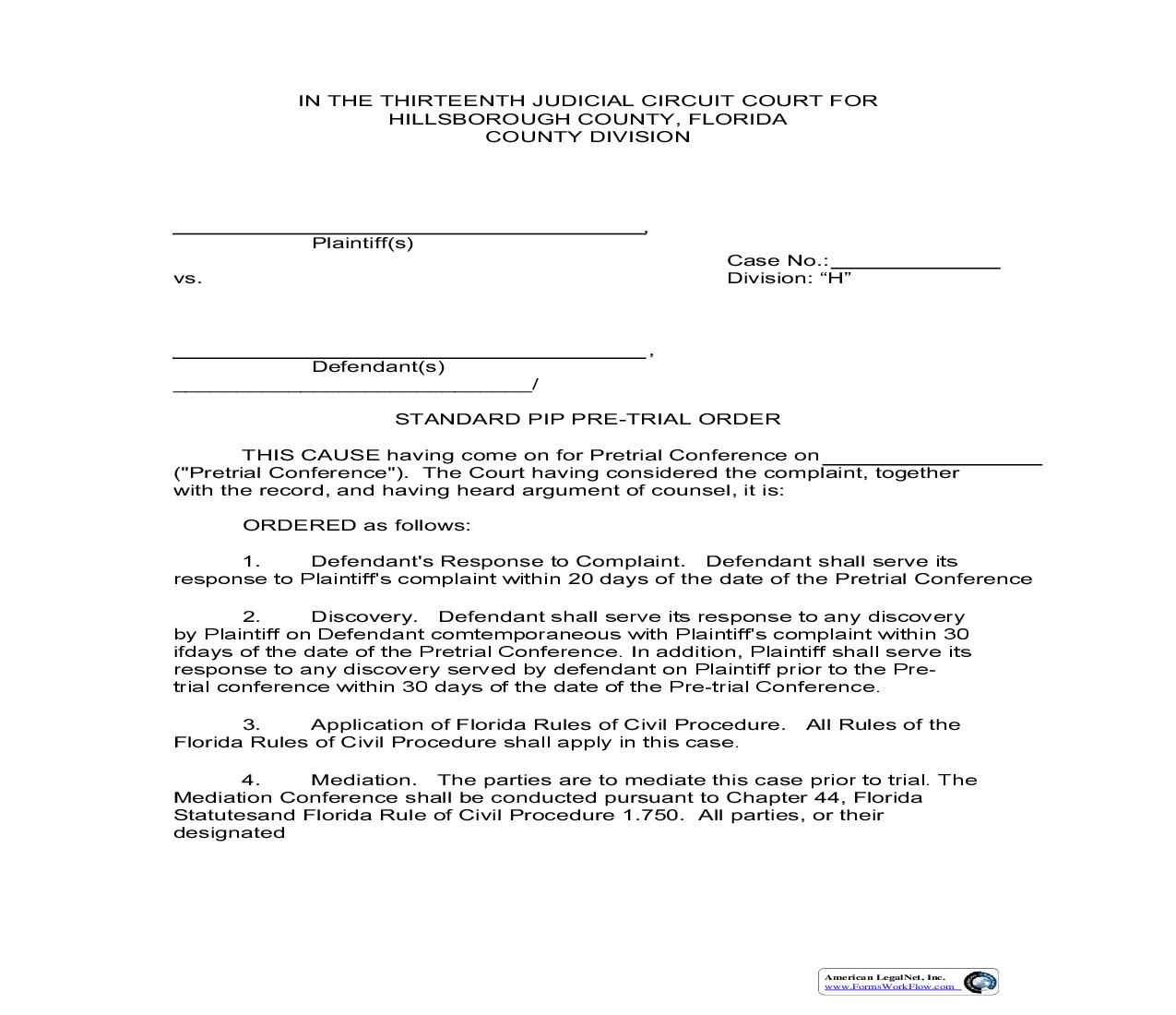 Standard PIP Pre-Trial Order Div H | Pdf Fpdf Doc Docx | Florida