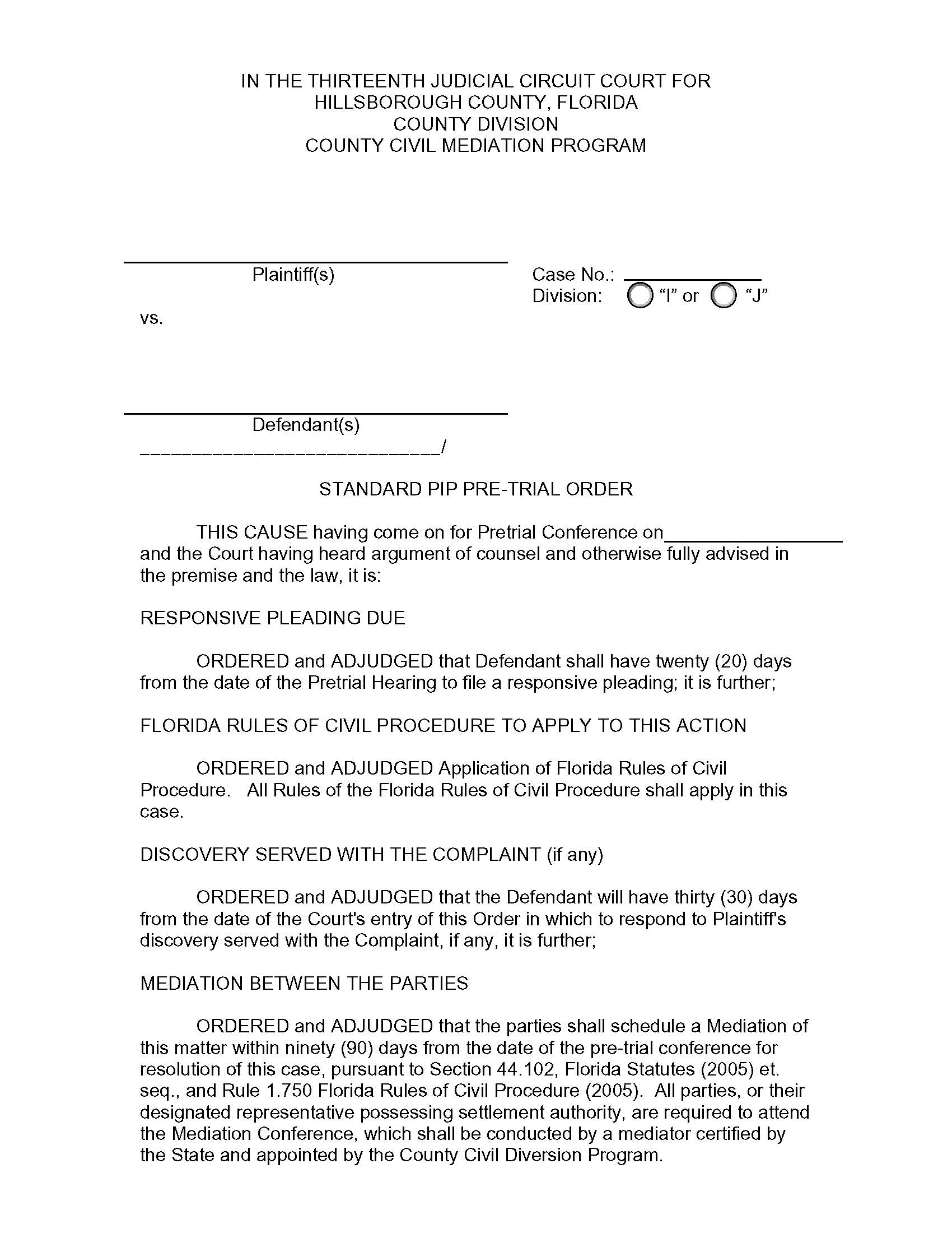 Standard PIP Pre-Trial Order Div I Or J | Pdf Fpdf Doc Docx | Florida