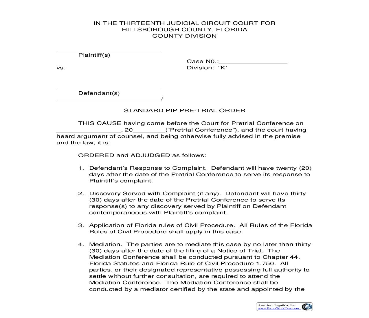 Standard PIP Pre-Trial Order Div K | Pdf Fpdf Doc Docx | Florida