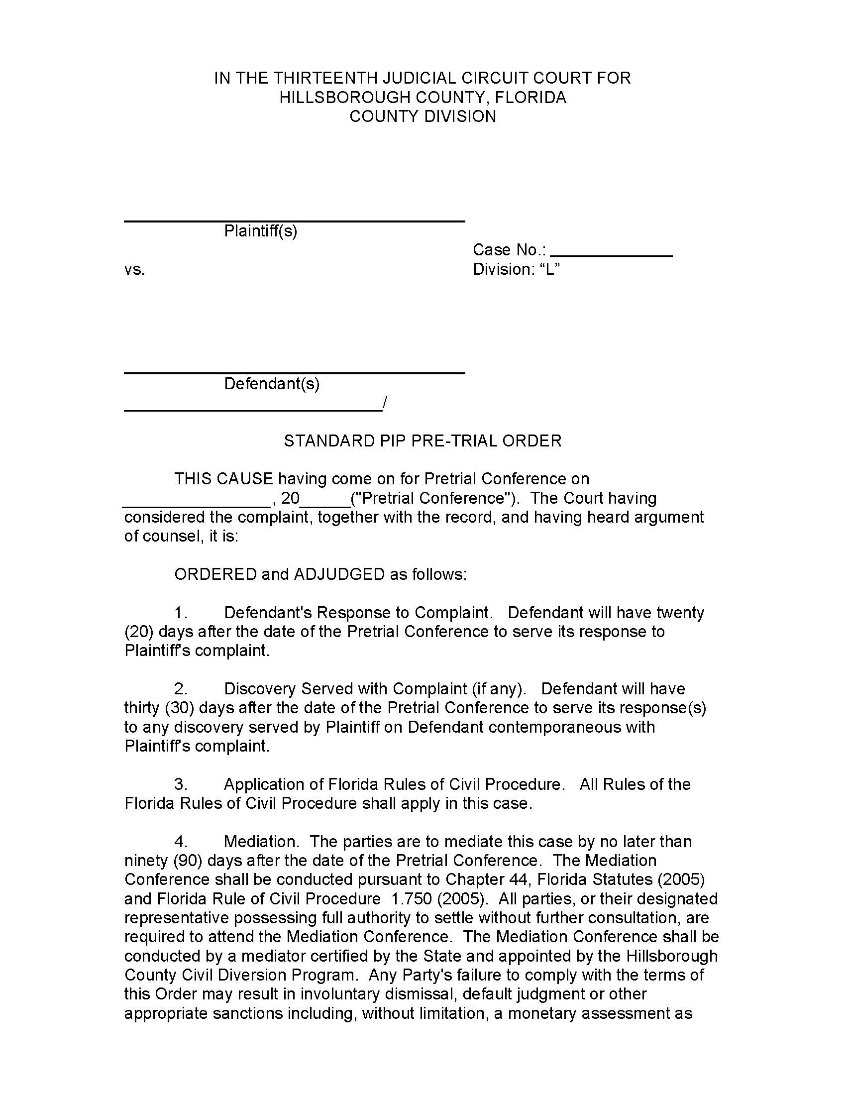 Standard PIP Pre-Trial Order Div L | Pdf Fpdf Doc Docx | Florida