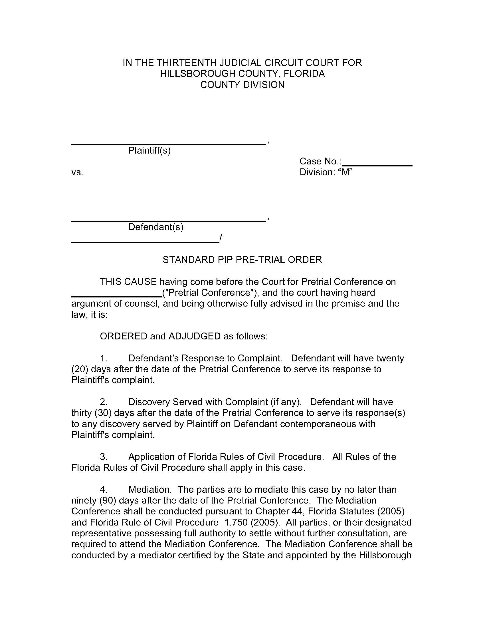 Standard PIP Pre-Trial Order Div M | Pdf Fpdf Doc Docx | Florida