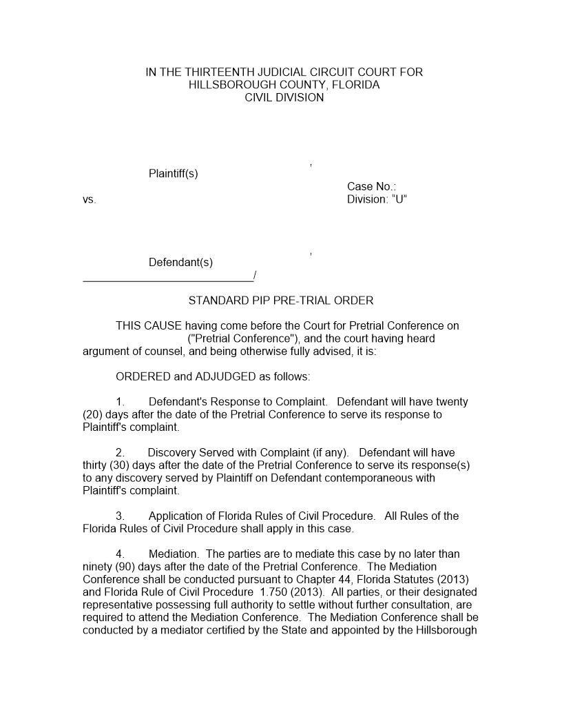Standard PIP Pre-Trial Order Div U | Pdf Fpdf Docx | Florida