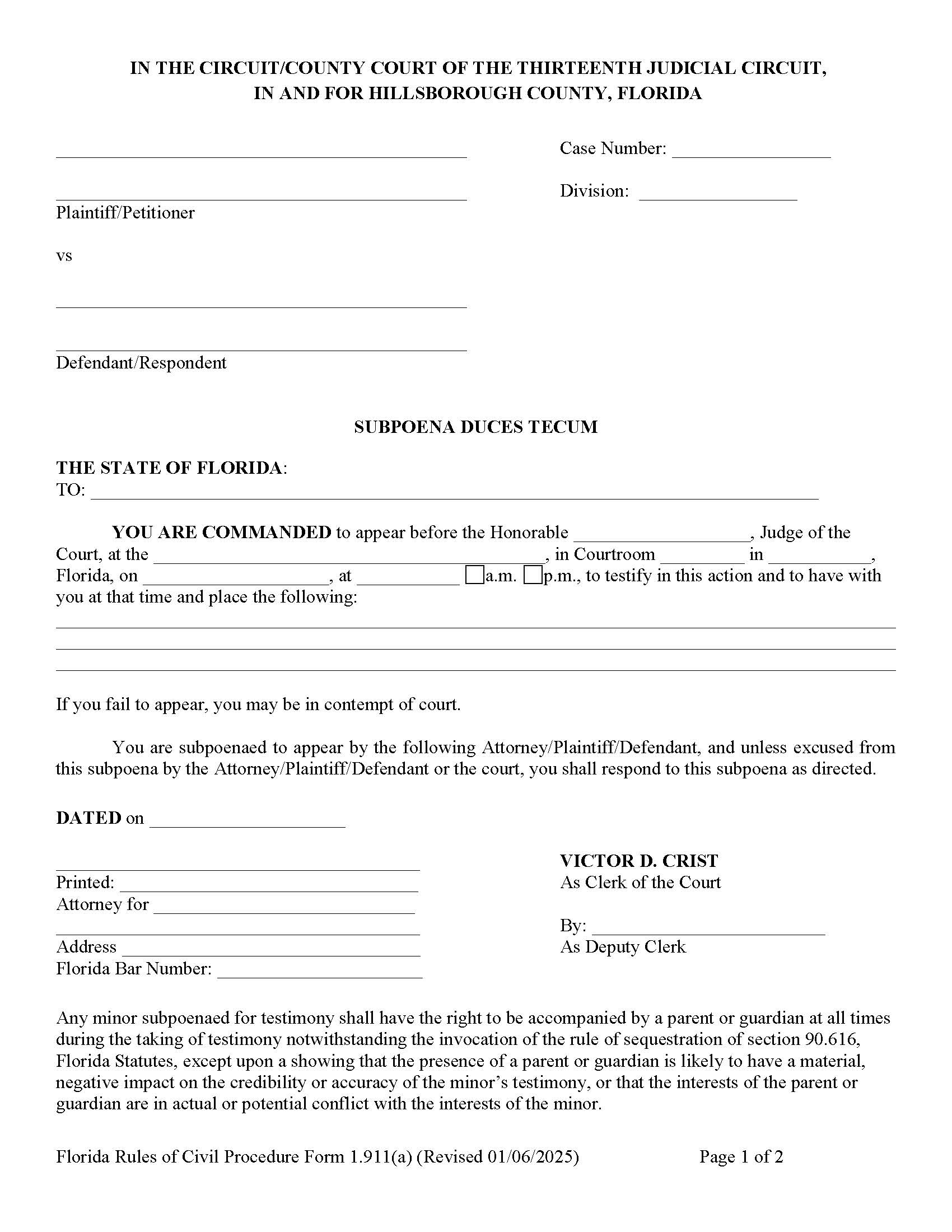 Subpoena Duces Tecum (For Trial - For Issue By Clerk) {1.911(a)} | Pdf Fpdf Doc Docx | Florida