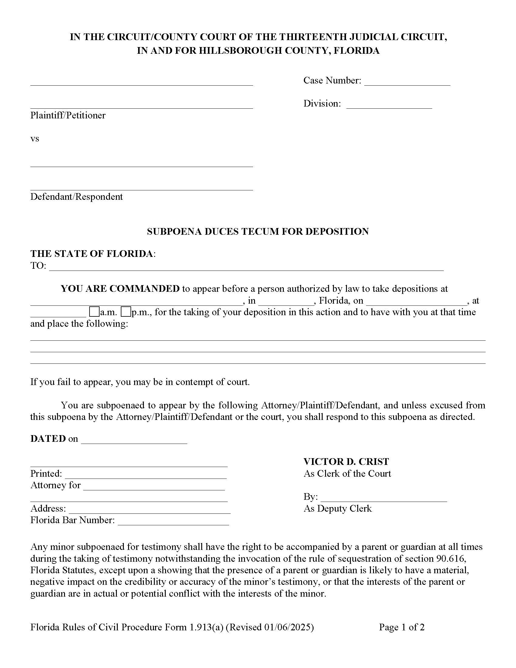 Subpoena Duces Tecum For Deposition (For Issue By Clerk) {1.913(a)} | Pdf Fpdf Doc Docx | Florida