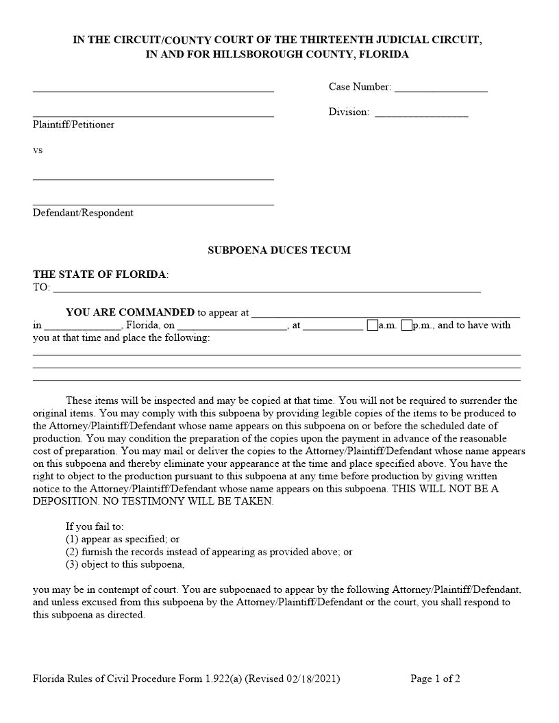 Subpoena Duces Tecum Without Deposition (Appearance Optional - For Issue By Clerk) {1.922(a)} | Pdf Fpdf Doc Docx | Florida