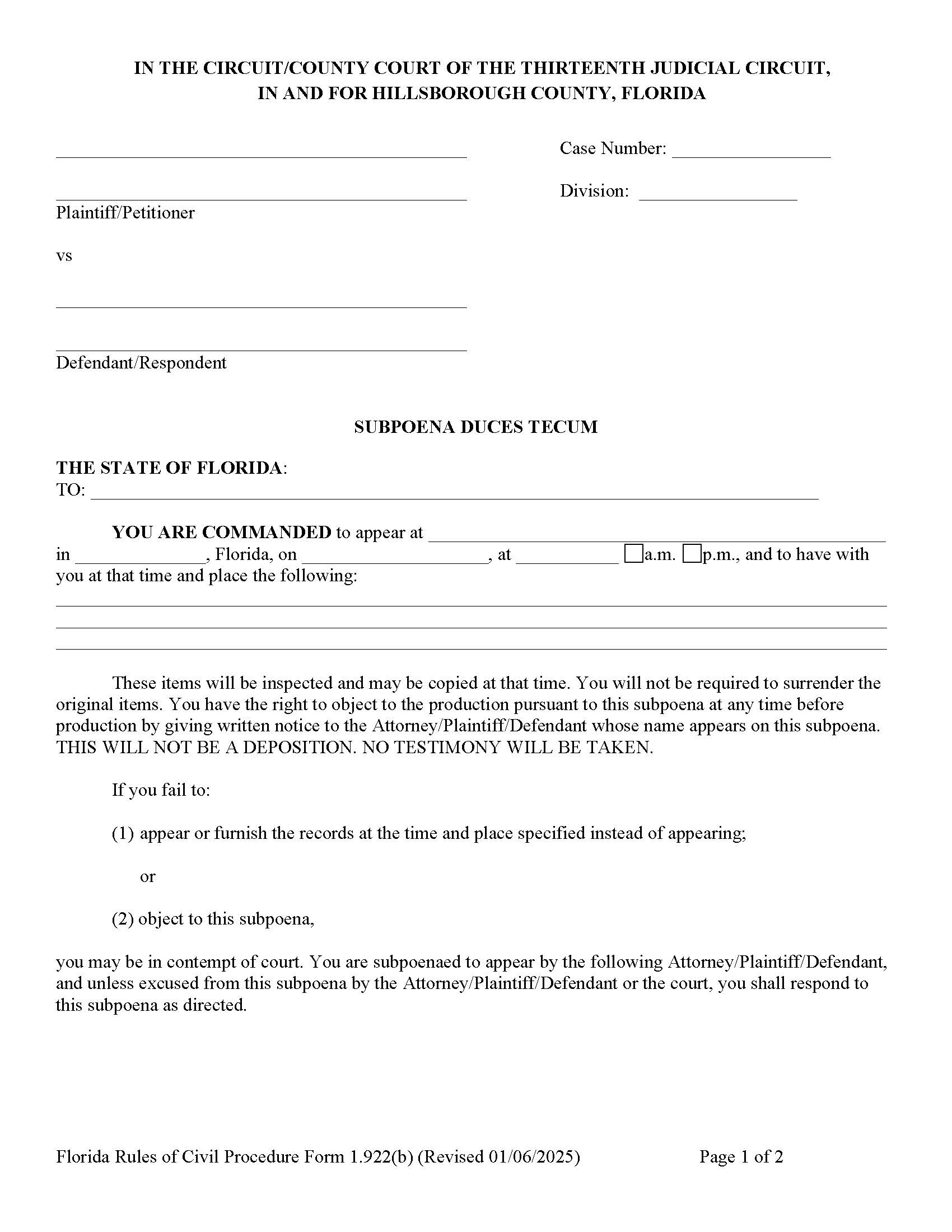 Subpoena Duces Tecum Without Deposition (For Issue By Clerk) {1.922(b)} | Pdf Fpdf Doc Docx | Florida