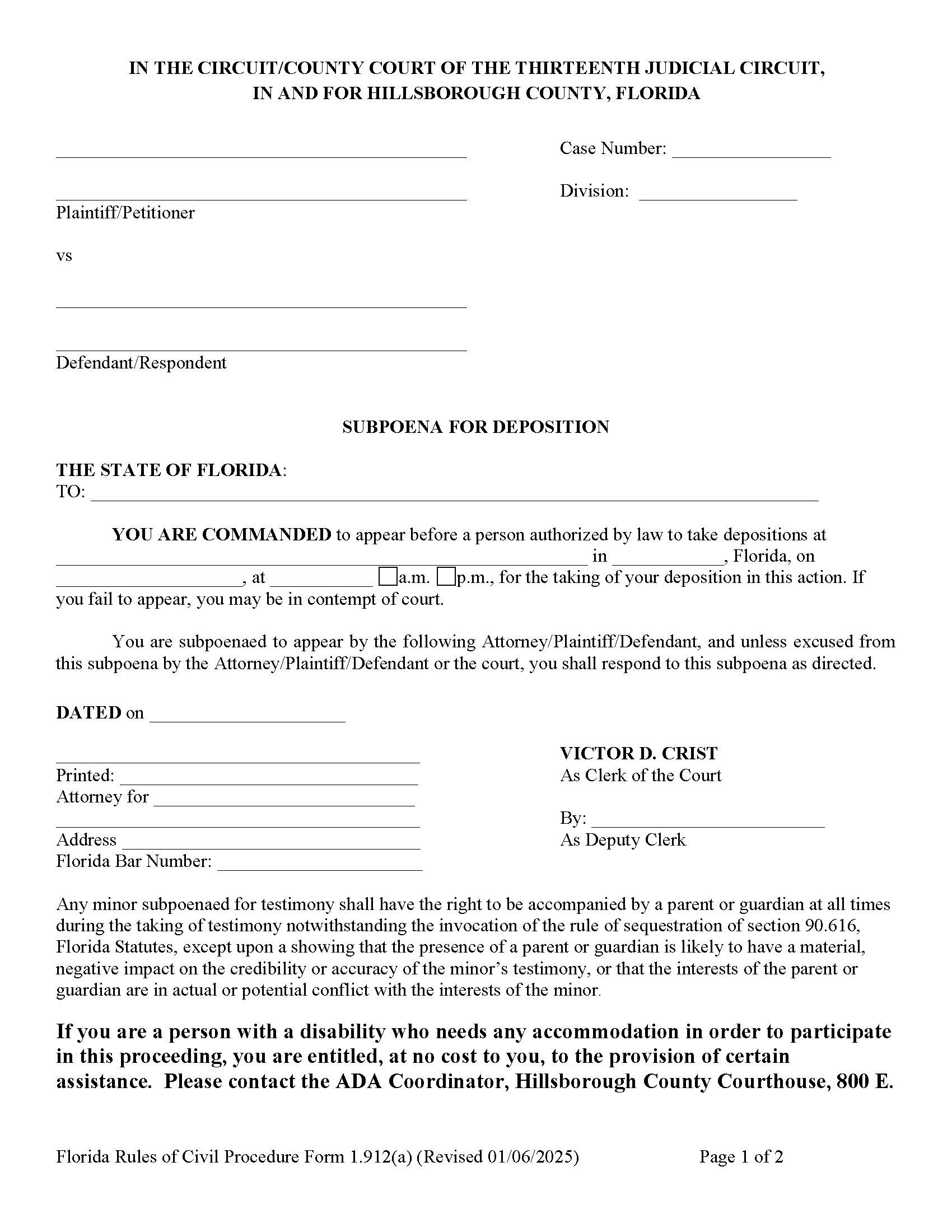 Subpoena For Deposition (For Issue By Clerk) {1.912(a)} | Pdf Fpdf Doc Docx | Florida
