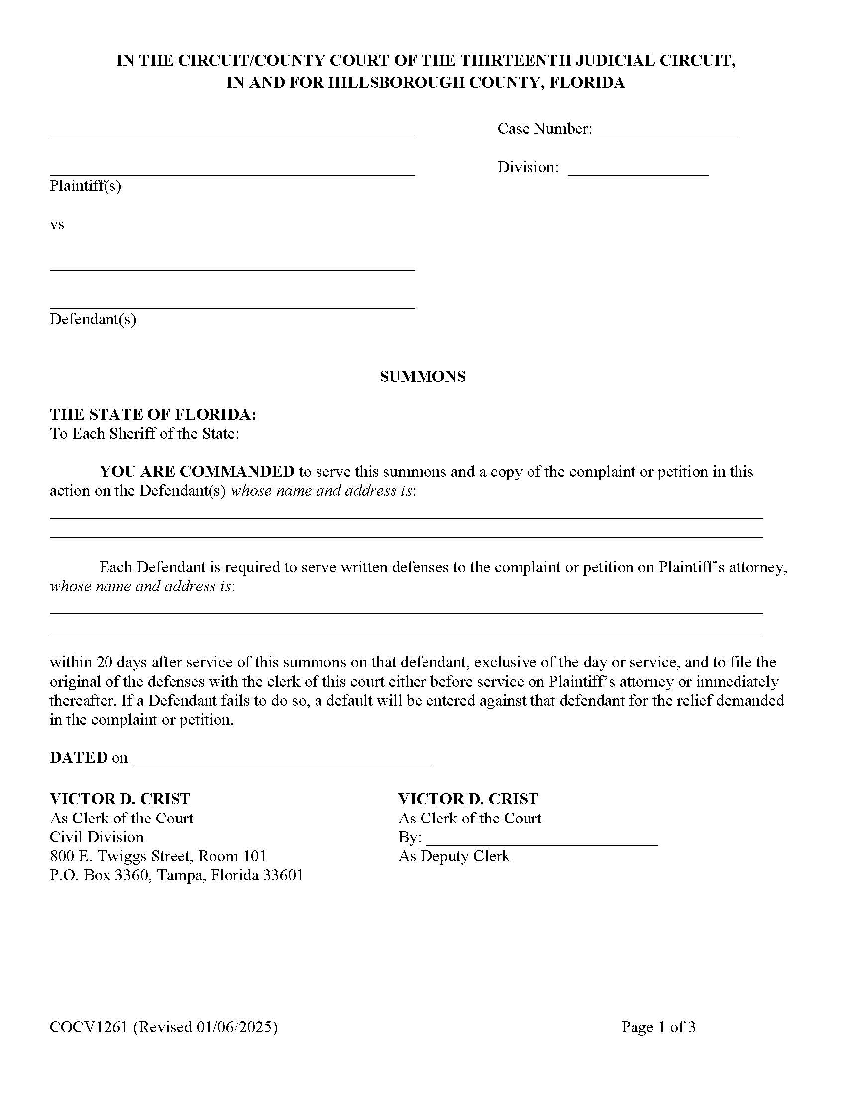 Summons (20 Day Notice) {COCV1261} | Pdf Fpdf Doc Docx | Florida
